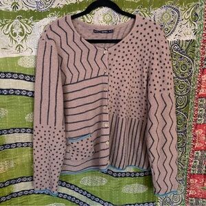 Gudrun Sjoden Brown/ Black Stripes & Dots Wool/ Alpaca Cardigan Size Extra Large